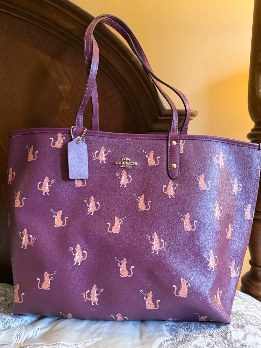 Coach Cat Print Party Coated Canvas and Leather City Reversible Tote limited